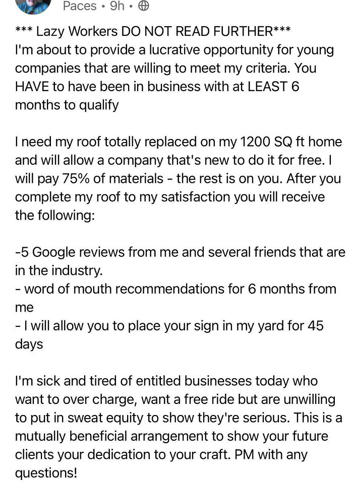 Screenshot of a post on NextDoor where someone demands a free roof replacement with unusual conditions.