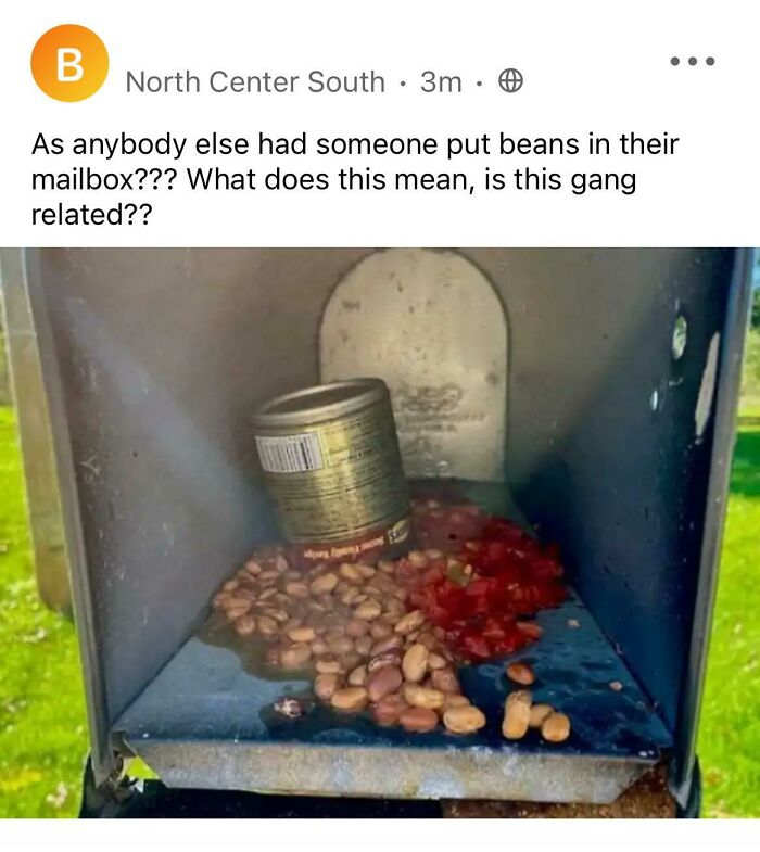 Mailbox with spilled beans and can; unusual post on NextDoor.