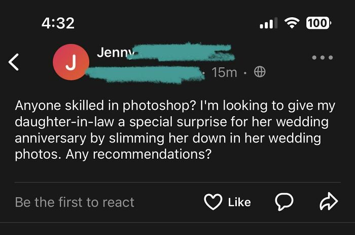 NextDoor post about asking for Photoshop skills to alter wedding photos for a daughter-in-law's surprise.