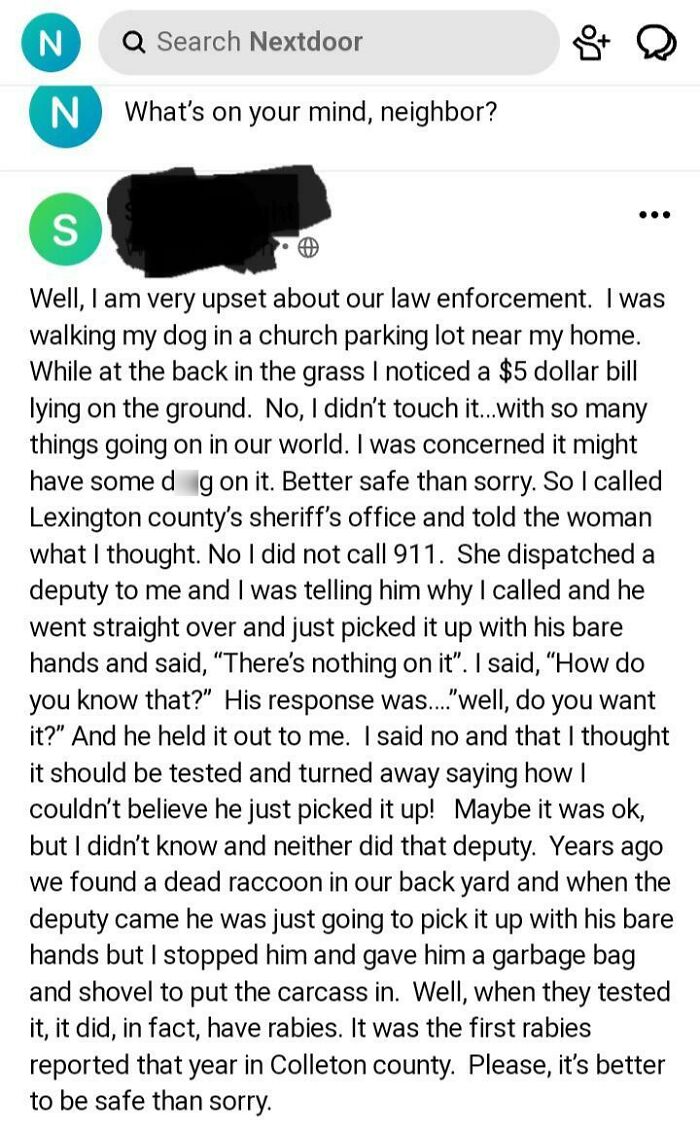 Screenshot of a funny NextDoor post about someone finding a $5 bill and reporting it to law enforcement.