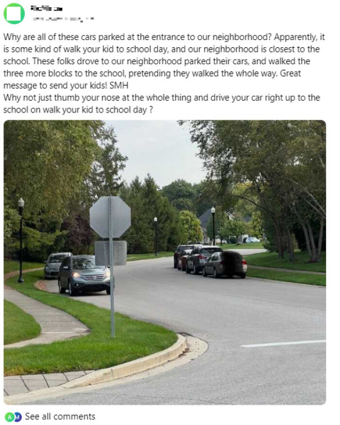 Cars parked on a neighborhood street due to "walk your kid to school day," highlighting ridiculous NextDoor post.