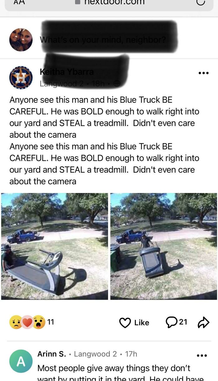 Ridiculous NextDoor post showing a blue truck and treadmill in a yard. A man is accused of stealing the treadmill.