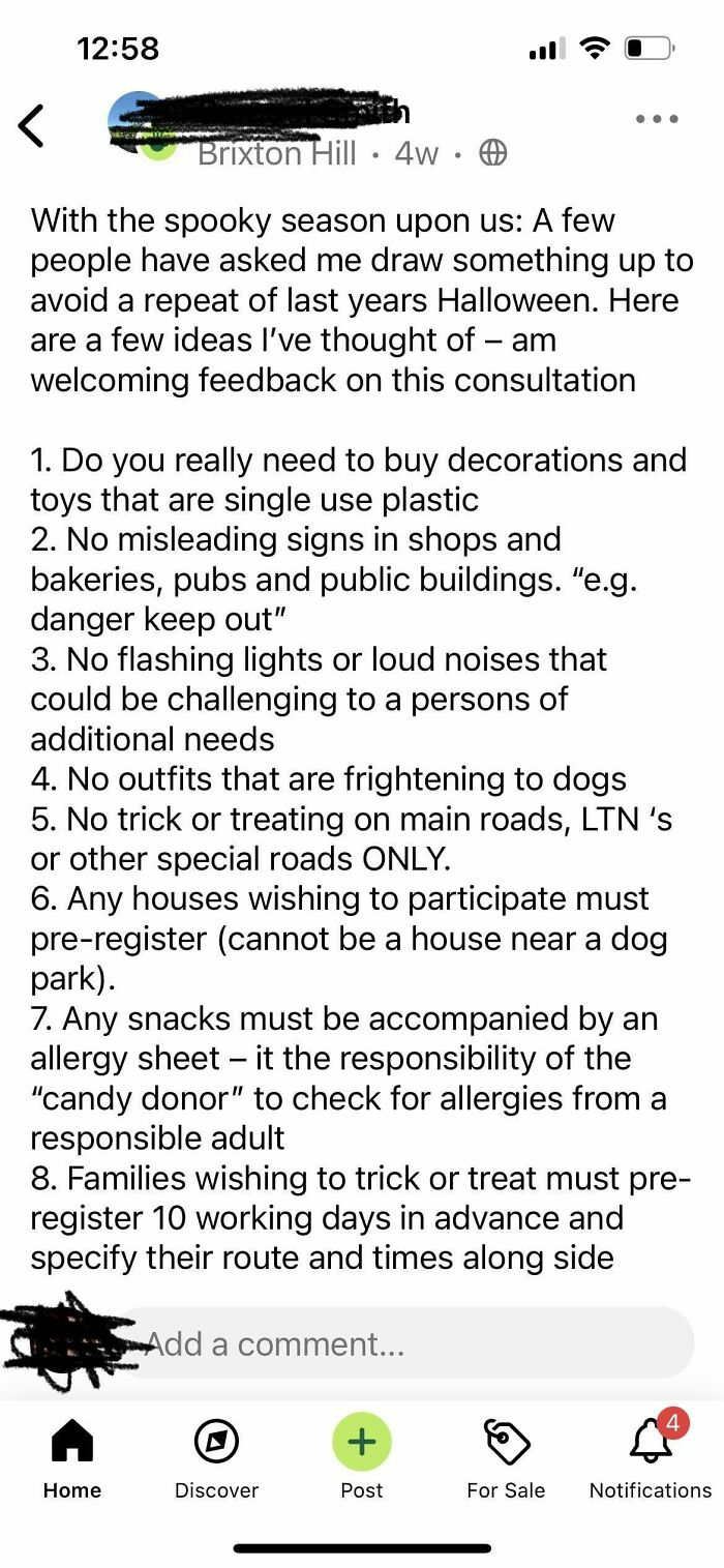 NextDoor post with Halloween planning guidelines, including pre-registration for trick-or-treating and allergy checks.