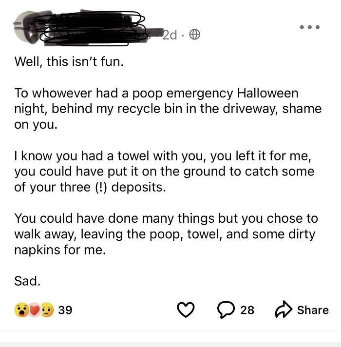 Ridiculous NextDoor post about an emergency behind a recycle bin on Halloween night, sharing frustration and humor.