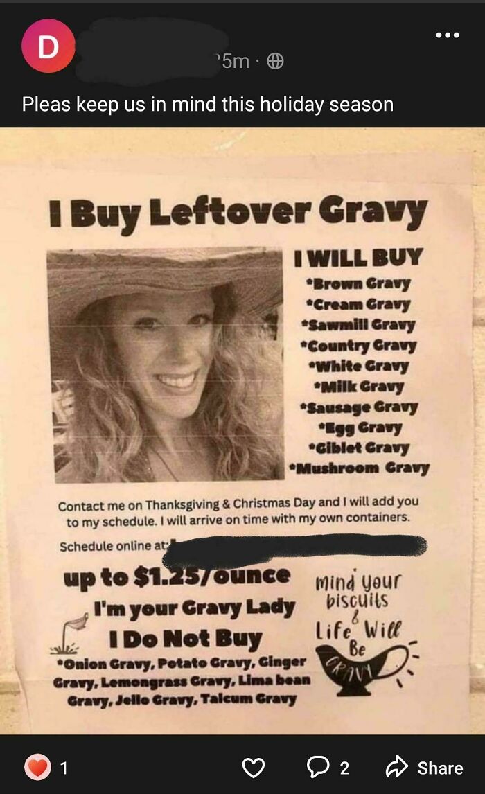 Funny NextDoor post about buying various leftover gravies for the holidays, featuring a smiling woman.