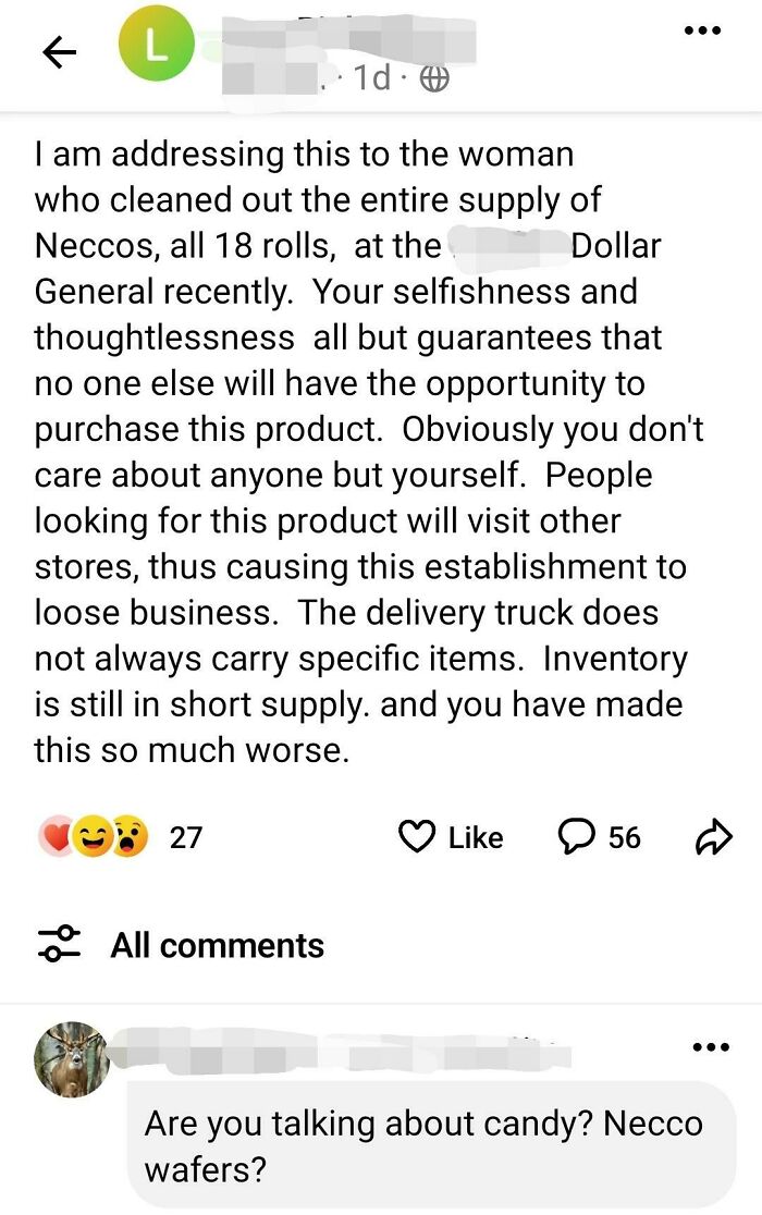Ridiculous NextDoor post shaming someone for buying all Necco candy from Dollar General, causing supply issues.