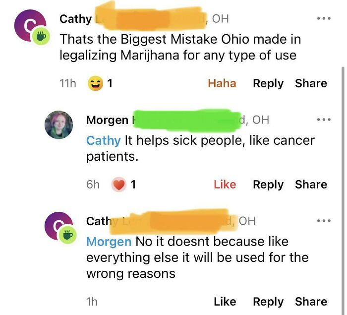 Comment thread on NextDoor debating m*******a legalization, with humorous and misguided opinions.
