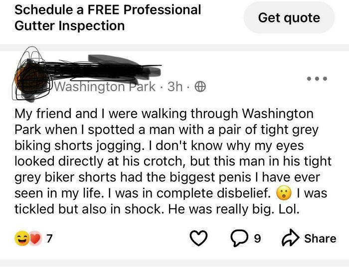 Screenshot of a ridiculous NextDoor post about a man in grey biking shorts seen in Washington Park.