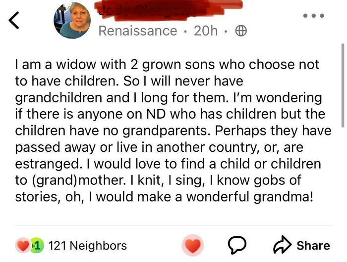 NextDoor post from a widow seeking to be a grandparent, offering knitting and singing talents.