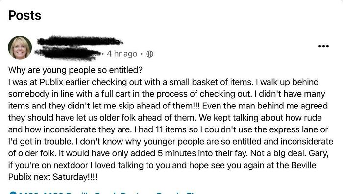 NextDoor post about entitlement, featuring a complaint about young people's behavior in a grocery store checkout line.