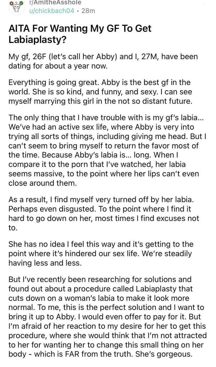Reddit post discussing a relationship issue related to labiaplasty and gender expectations amid misogynist reality checks.