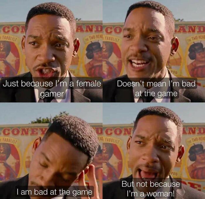 Will Smith expressing frustration with text about female gamers, highlighting misogynists getting a reality check instead