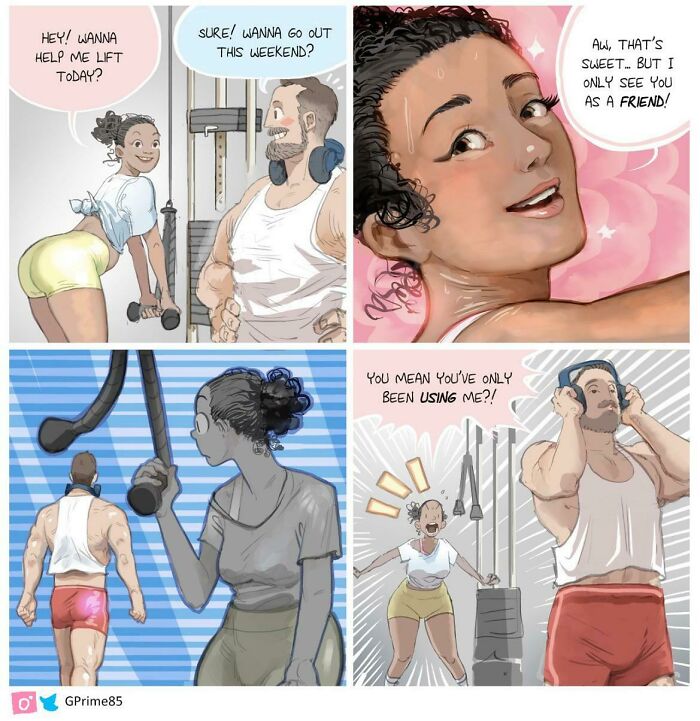 A comic strip showing a woman giving a reality check to a man at the gym, highlighting misogynist behavior.