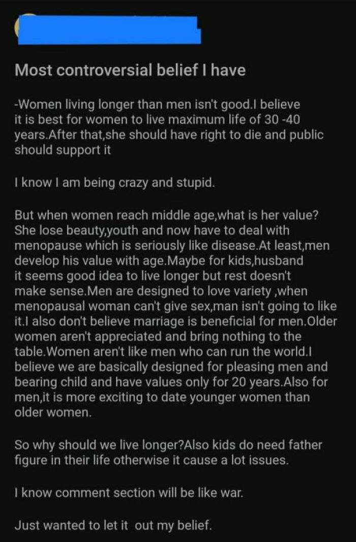 Screenshot of a controversial misogynistic post expressing negative beliefs about women’s value and aging, reflecting reality check moments.