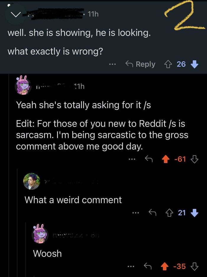 Reddit thread showing sarcasm and reality check responses to misogynistic comments in online discussions.