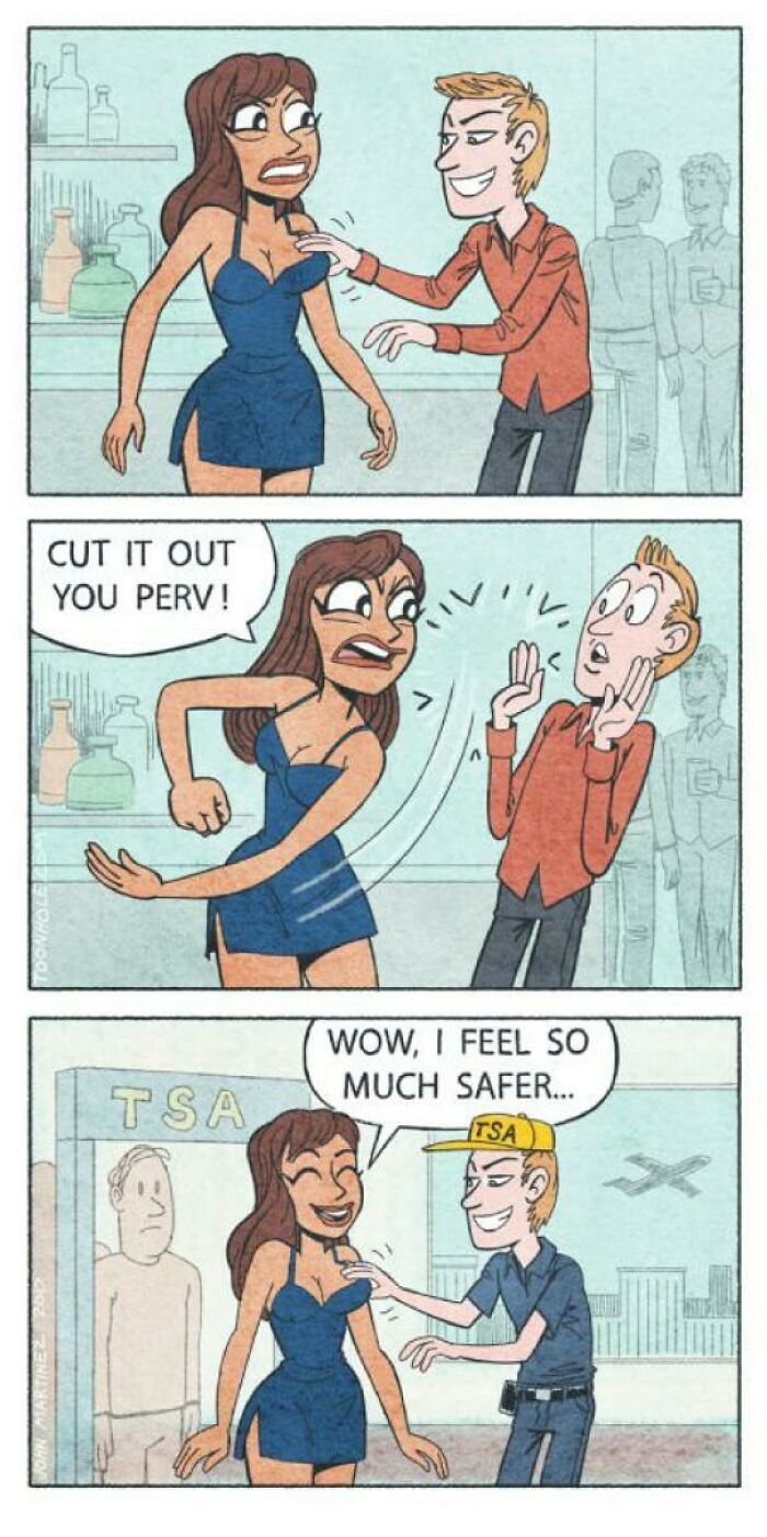 Cartoon showing a woman giving a reality check to a harassing misogynist man in public and later facing TSA harassment.