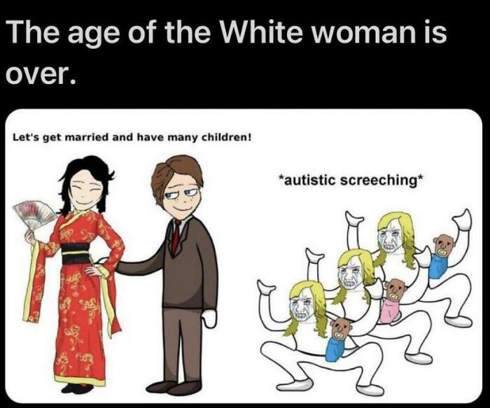 Cartoon showing a man and woman happy about marriage while others react with offended screeching, highlighting misogynists reality check.