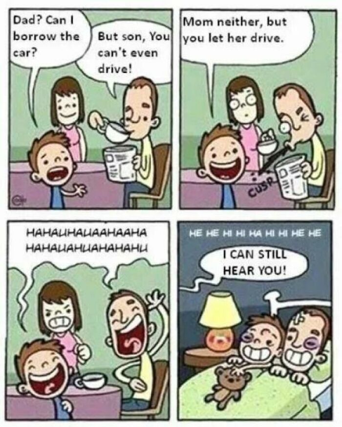 Comic strip showing a child defying misogynist expectations with a humorous reality check from parents.