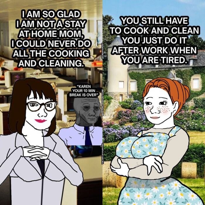 Misogynists expecting applause face reality check in a comic contrasting stay-at-home mom and working woman views.