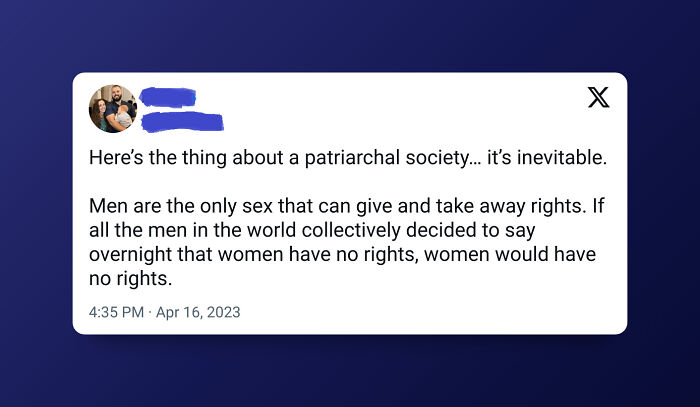 Screenshot of a misogynist social media post about patriarchy and women’s rights in a discussion on misogynists reality check.