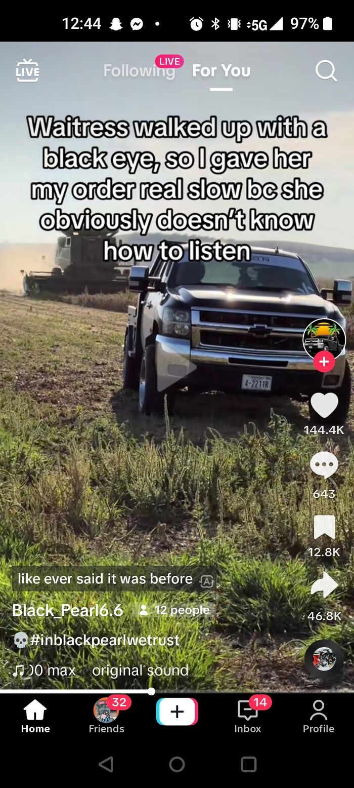 Pickup truck parked in a field with text about a waitress and a reality check targeting misogynists.