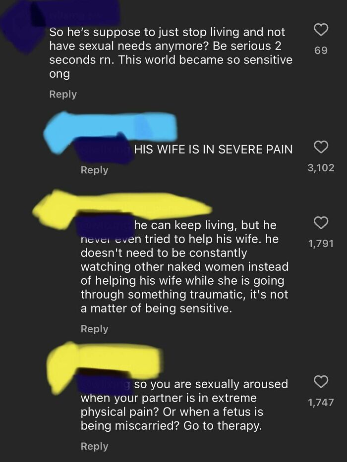 Online comments exposing misogynists getting reality check on insensitive behavior toward women in pain and trauma.