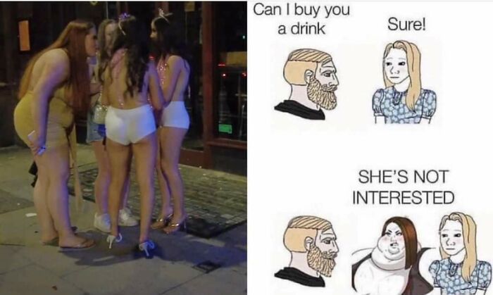 Group of women outside a bar ignoring a man, paired with a comic about misogynists facing reality checks.