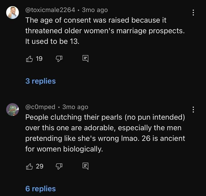 Screenshot of online comments showing a reality check on misogynists' outdated views about women and age consent.