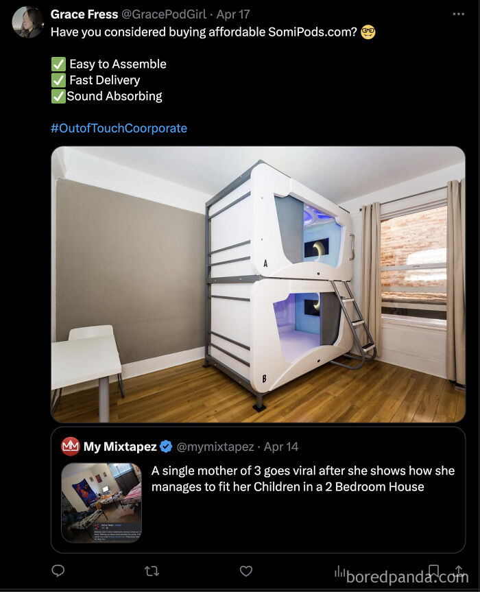 Stacked sound-absorbing sleeping pods in small room for space optimization