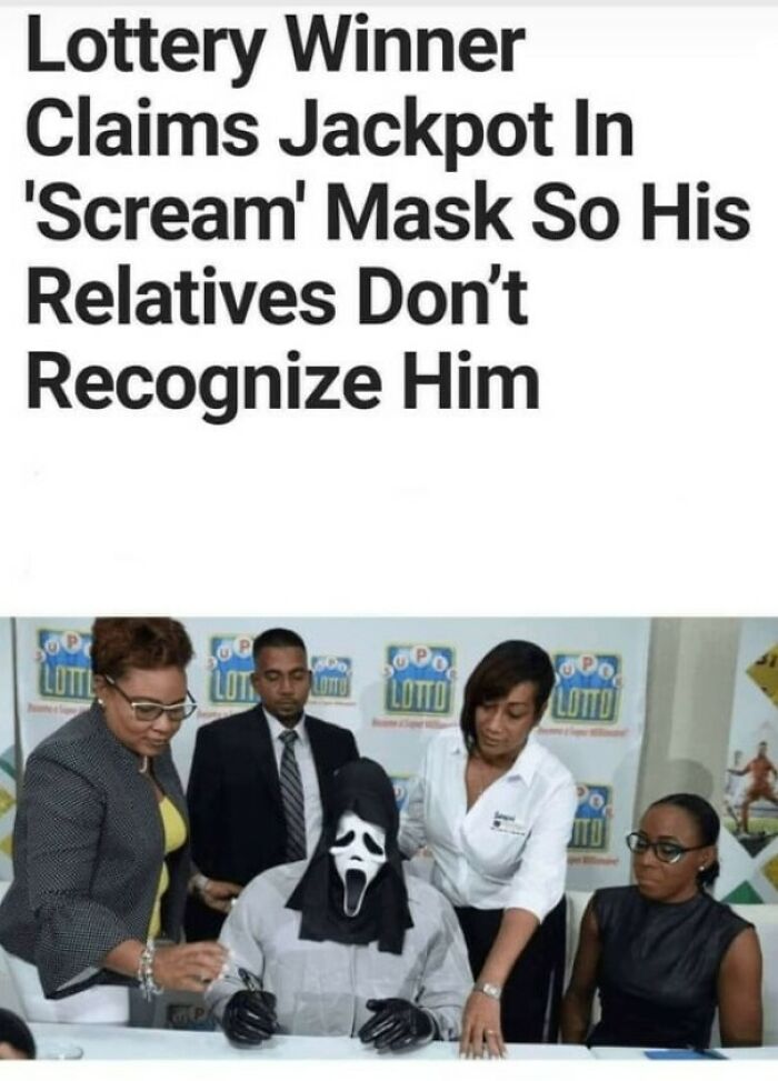 Lottery winner wears 'Scream' mask to claim jackpot, surrounded by officials, creating a funny and sad moment.