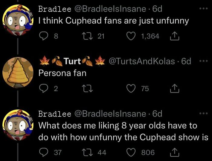 Social media exchange showcasing witty comebacks about Cuphead and Persona fans.