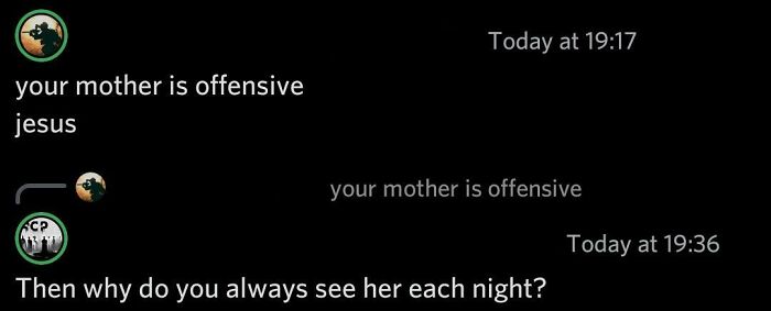 Text message exchange with a clever comeback about someone's mother.