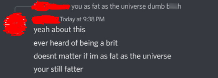 Text exchange with comebacks about weight and nationality.