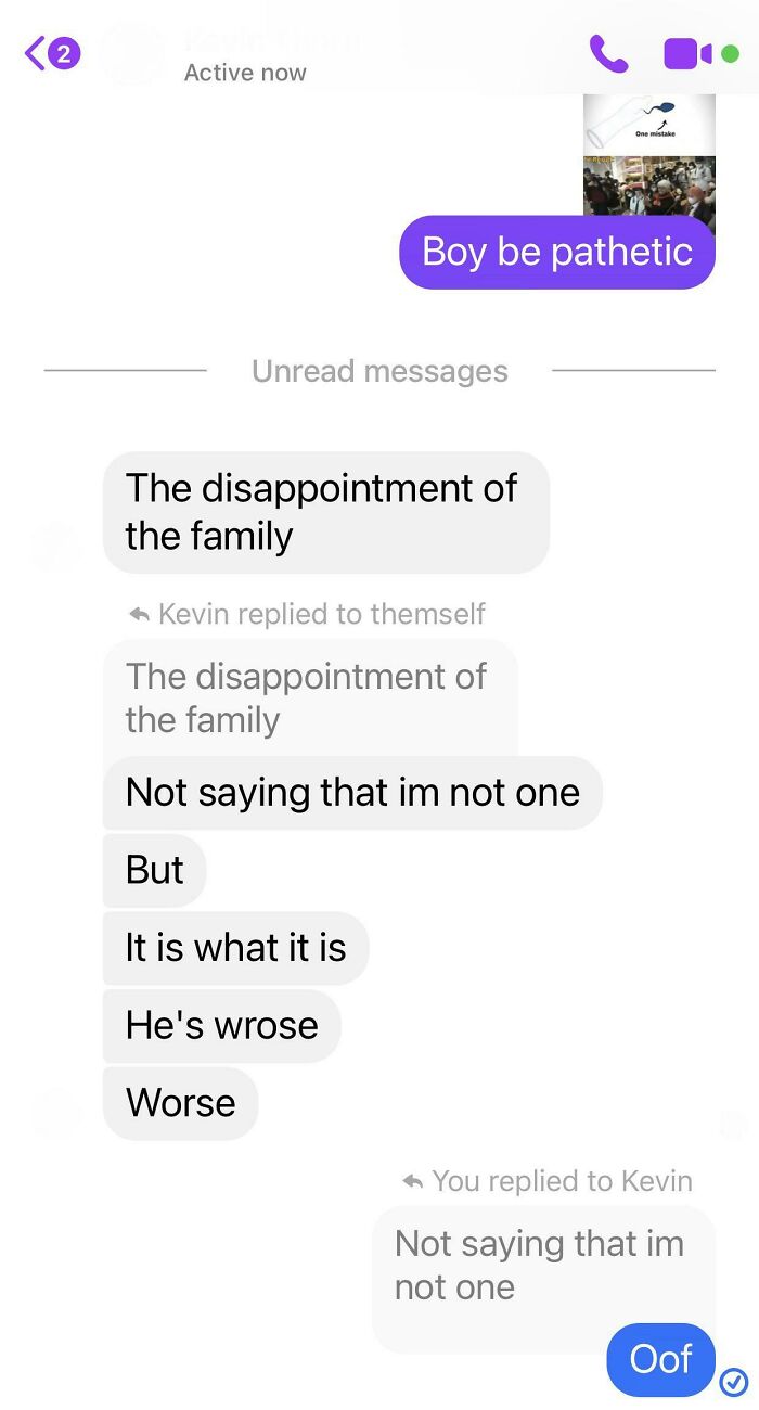 Text chat exchange with people sharing a humorous comeback about family disappointment.