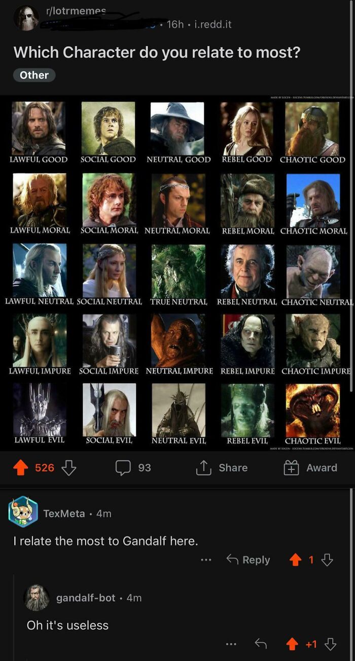A meme chart of characters with various alignments, highlighting a witty Gandalf-related comeback.
