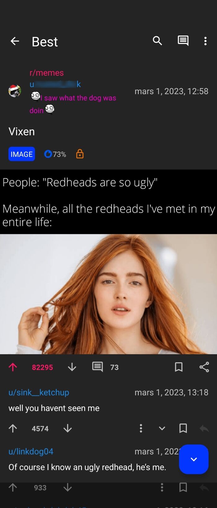 A fiery redhead confidently refuting stereotypes with a stunning comeback, viral meme format.