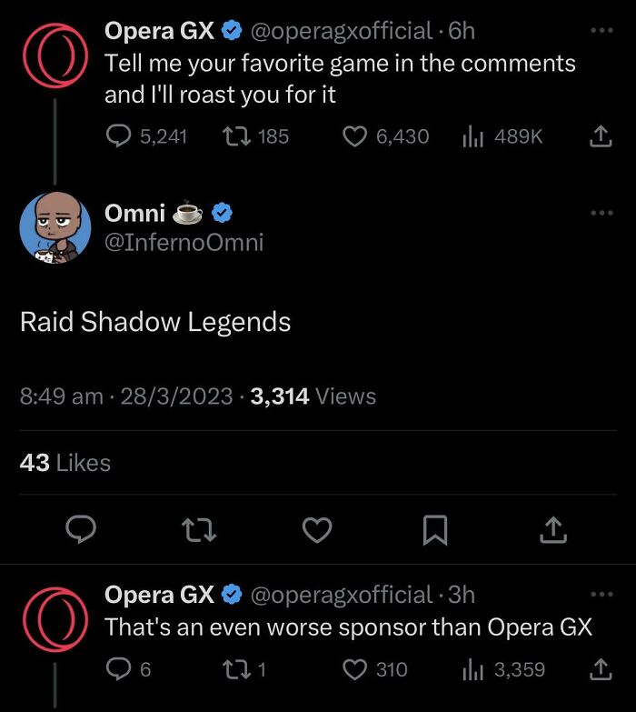 Opera GX engages users in a witty Twitter exchange about gaming preferences and sponsor choices.