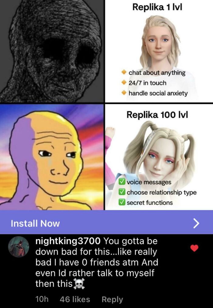 "Illustration comparing Replika features with humorous commentary about having no friends."