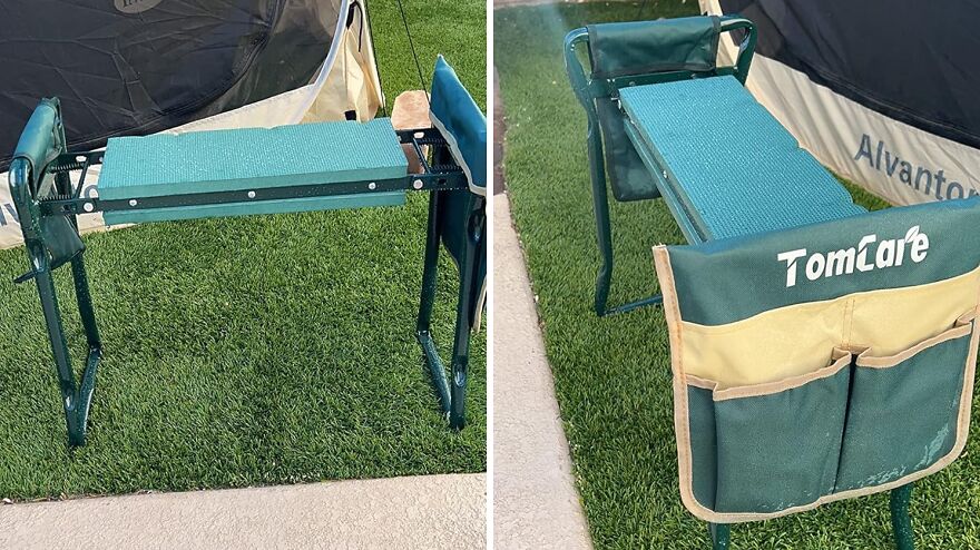 Green gardening bench with padded seat and tool pockets, designed to make your garden less chaotic and more organized.