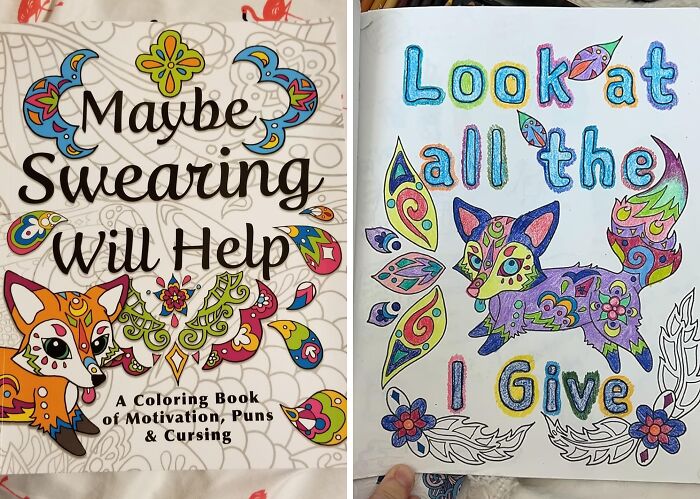 Colorful funny Mother's Day gift idea with a humorous coloring book titled Maybe Swearing Will Help and a completed drawing inside.