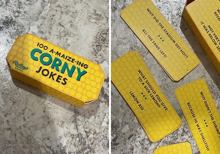 Yellow box of corny joke cards and example jokes on table, a funny Mother's Day gift idea.