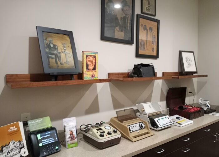 Collection Of Old Hearing Aid Devices At My Audiologist's Office