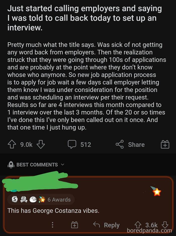 Social media post sharing a rare compliment about job interview strategy, described as having "George Costanza vibes."