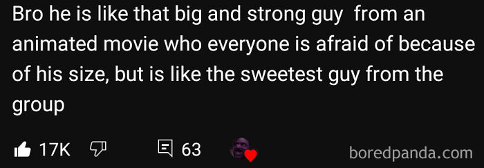 Text comment comparing a person to a strong but sweet animated character, liked by 17K people, from Bored Panda.