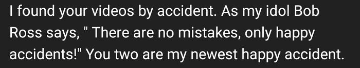 Screenshot of a rare compliment referencing Bob Ross's quote about happy accidents.