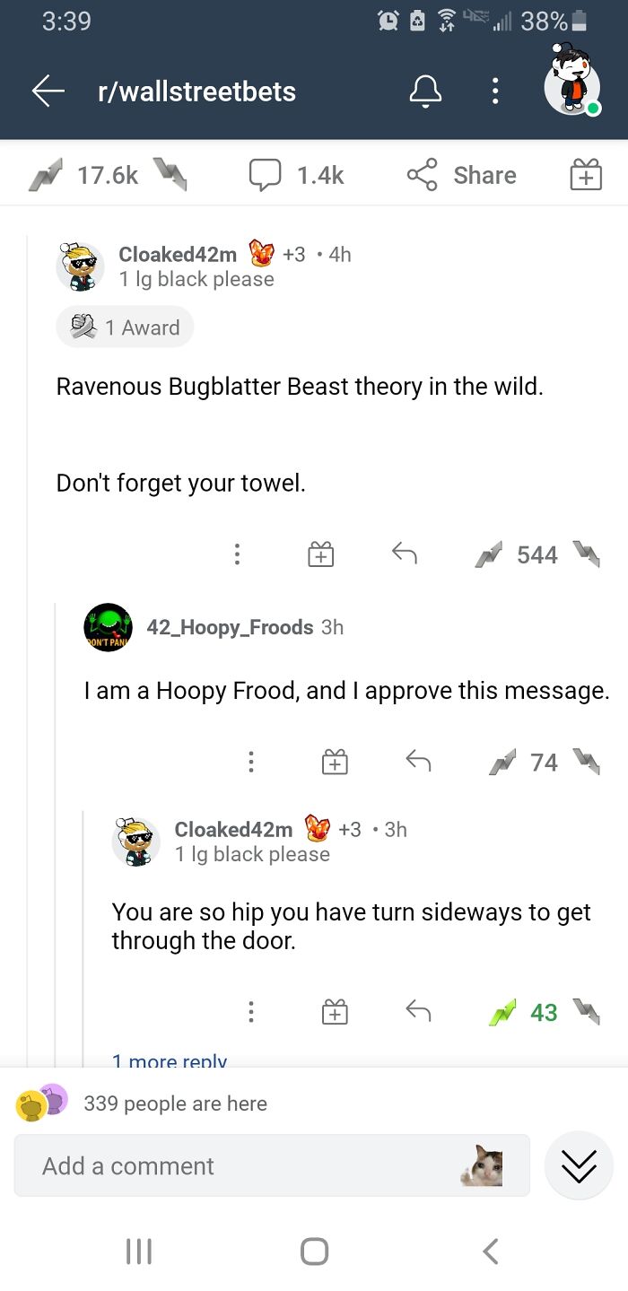 Rare compliments thread on Reddit's WallStreetBets with humorous exchanges about Bugblatter Beast theory and being hip.
