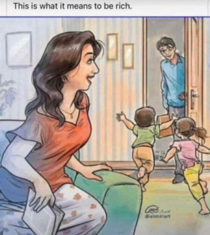 A wholesome cartoon showing a dad arriving home and kids running happily to him, capturing what it means to be a dad.