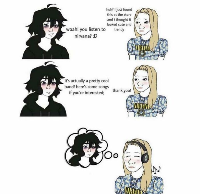 Two people bond over Nirvana shirt, sharing music and smiles in a wholesome online interaction.