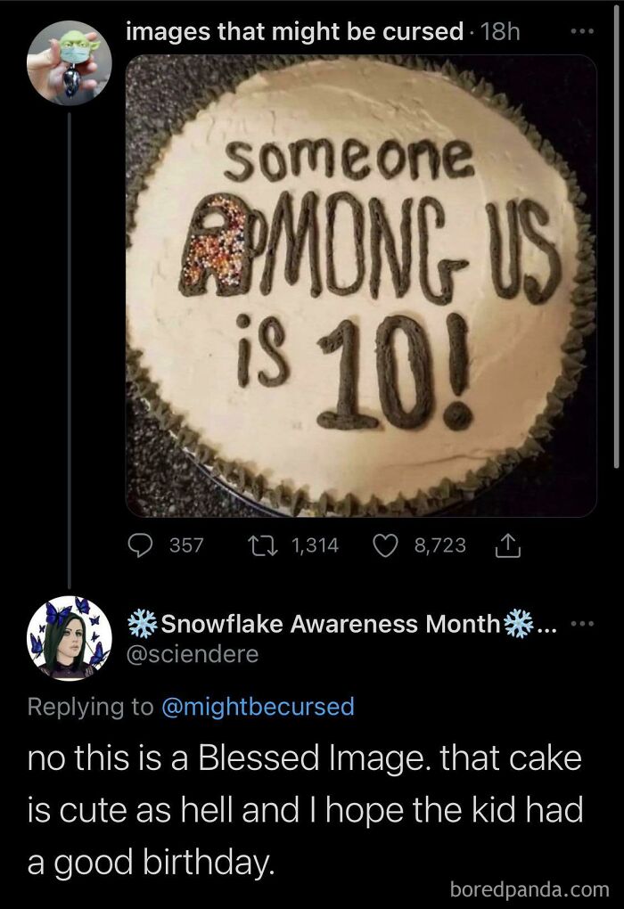 Cake with "Among Us" theme for a 10th birthday, praised for being cute in a wholesome online exchange.