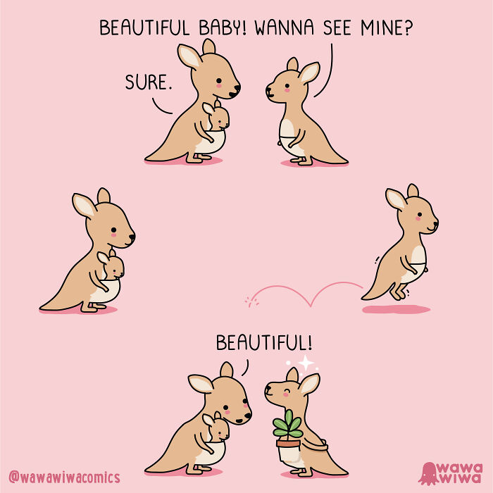 Wholesome comic of kangaroos sharing their babies, one with a joey and another with a plant, captioned "Beautiful!"